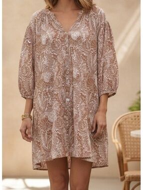 LILLA P Cotton Bracelet Sleeve Button Down knee length Fossil Print dress LARGE
